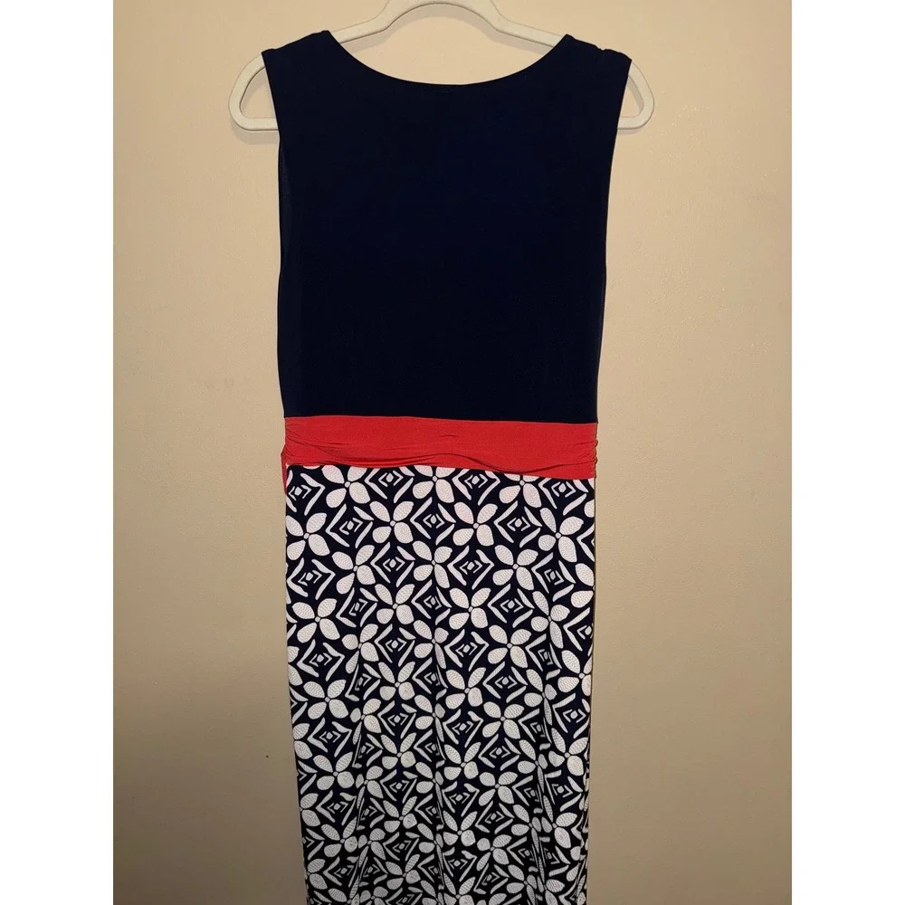 Navy Blue‎ Geometric Maxi Dress Orange Waist Tie Womens 16W Nautical Vacation